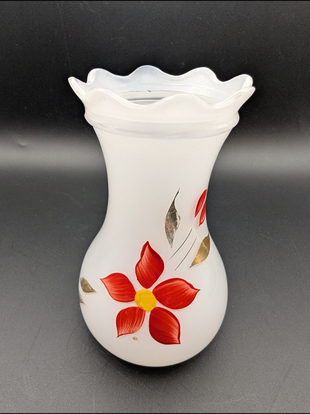 Bartlet Collins White Milk Glass Bud  Vase with Red Floral Motif and Gold Leaves
